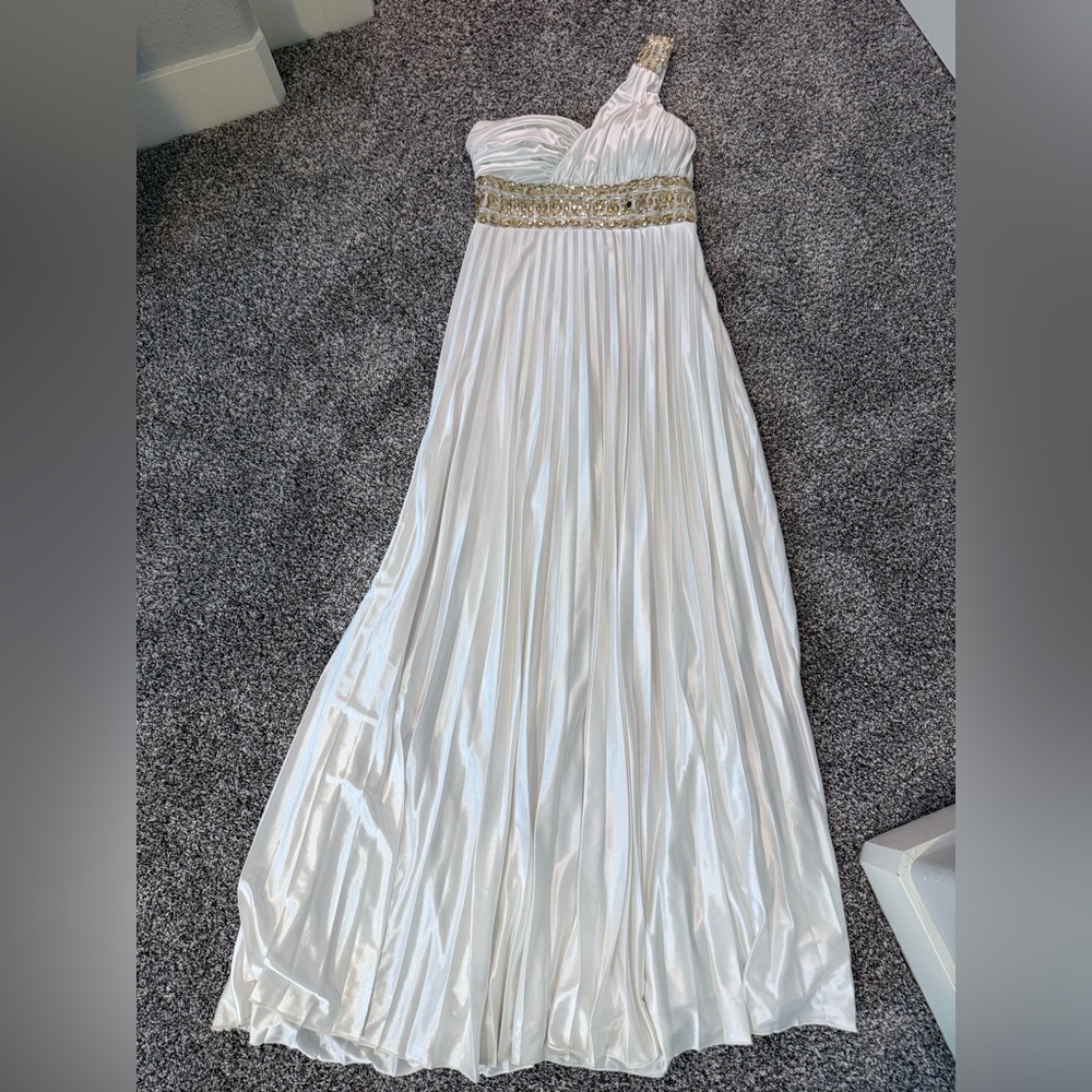My Michelle White Gown with Gold Detailing, one shoulder, Grecian style formal